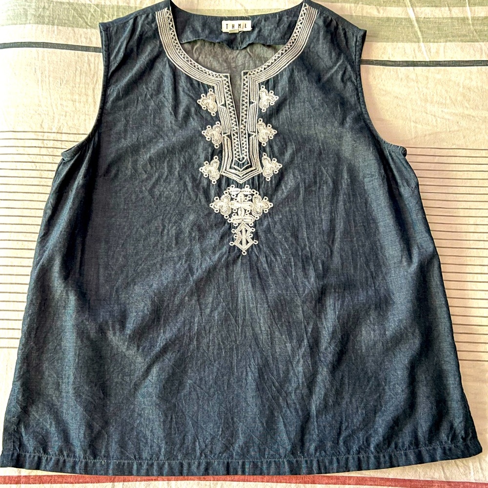 Chambray style boutique tank with embroidery